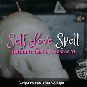 Könnte beinhalten: Eine weiße, schädelartige Kerze mit dem Text "Self Love Spell" in Rosa und Weiß. Der Text "Ultimate Cast by Master M" steht darunter. Der Satz "Swipe to see what you get!" steht unten.