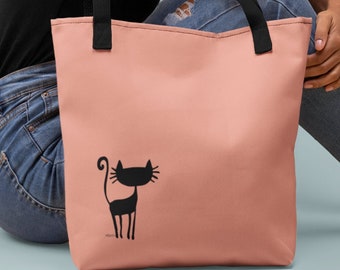 Peach Pink Tote Bag | Featuring Minimalist Black Cat Artwork