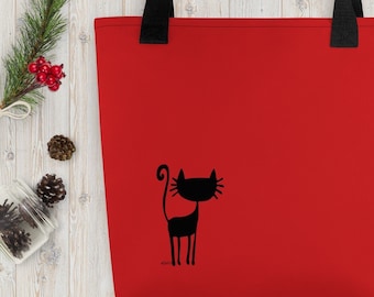 Beauty and Practical Red Tote Bag with Striking Black Cat Design | Accent Style of Minimalism