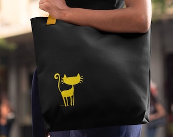 Elegant Black Shopping Bag with Yellow Cat Design |  Stylish and Practical Cat Lady Essentials