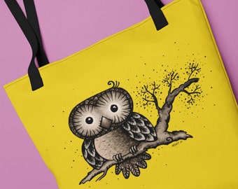 Yellow Tote Bag with Art Draw Owl | Perfect for Everyday Use