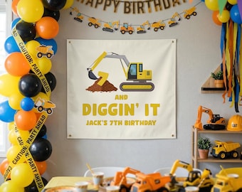 Pancarta de cumpleaños "Diggin It", fondo personalizado para fiesta de construcción, letrero personalizado de cumpleaños para niño, decoración para fiesta de excavadoras