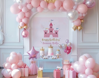 May include: A pink and white princess-themed birthday party setup with a castle backdrop, balloons, and a dessert table with cupcakes and gifts.