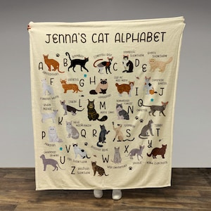 May include: A cream-colored fleece blanket with a colorful alphabet of cat breeds. Each letter is paired with a cat breed name and a cartoon illustration of the cat. The blanket has the text "Jenna's Cat Alphabet" at the top.