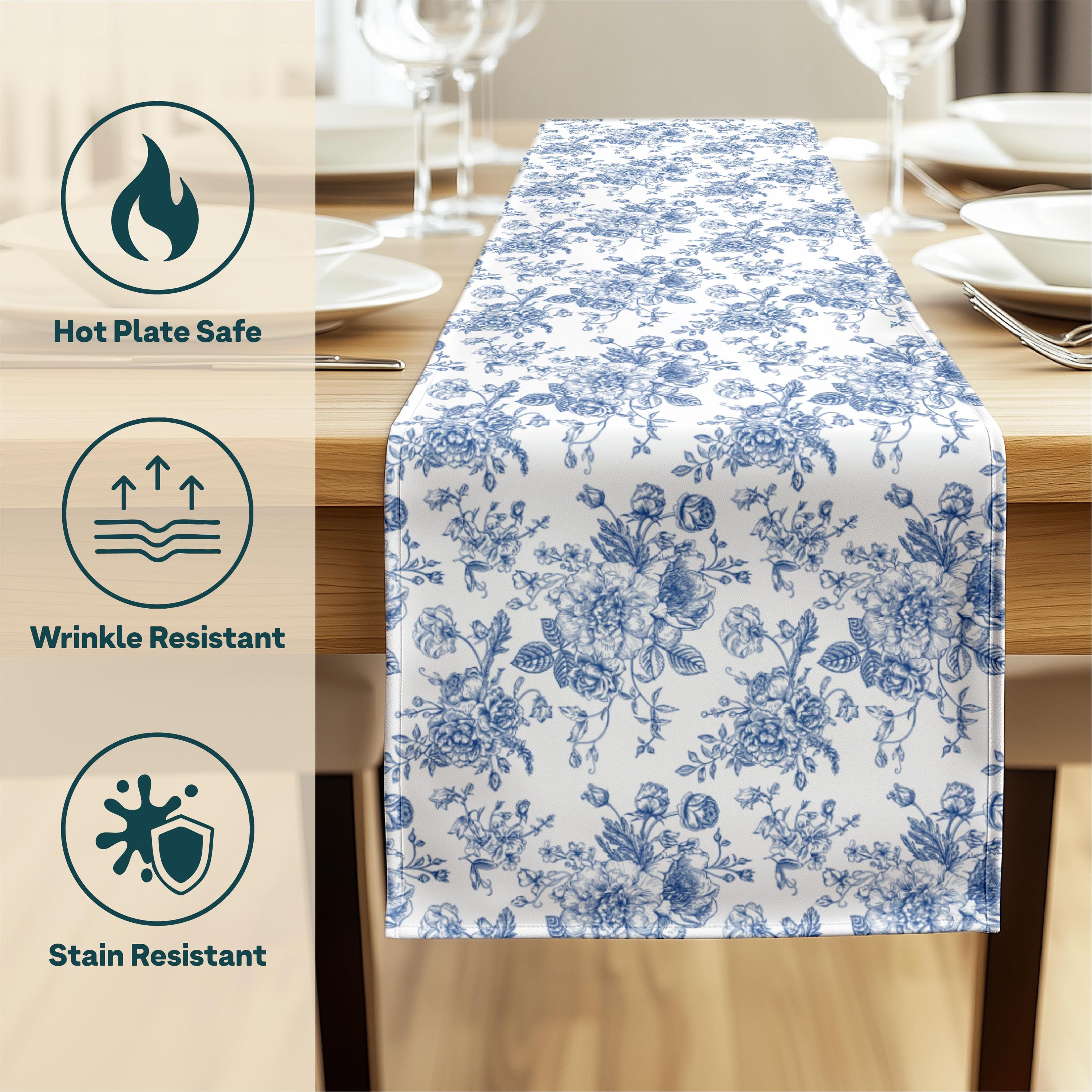 Blue Floral Table Runner 16x72 Cotton, Toile Botanical Dining Decor ...
