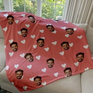 Custom Valentine&#39;s Day Face Blanket with Hearts, Custom Personalized Photo Blanket, Custom Printed Blanket, Valentine&#39;s Gift for Couples