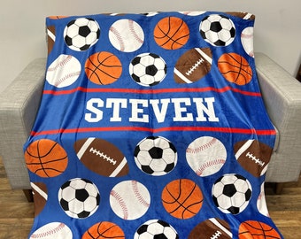 Personalized Kids Sports Blanket, Custom Blanket, Basketball Football Baseball Blanket, Gift for him, Team Gift, Fleece + Sherpa Available