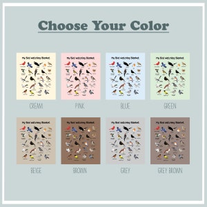 May include: A chart showing eight different color options for a bird watching blanket. The blanket features an illustration of various bird species. The color options are cream, pink, blue, green, beige, brown, grey, and grey brown.