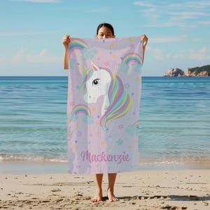 Personalized Rainbow Unicorn Beach Towel: Kids Vacation Gift