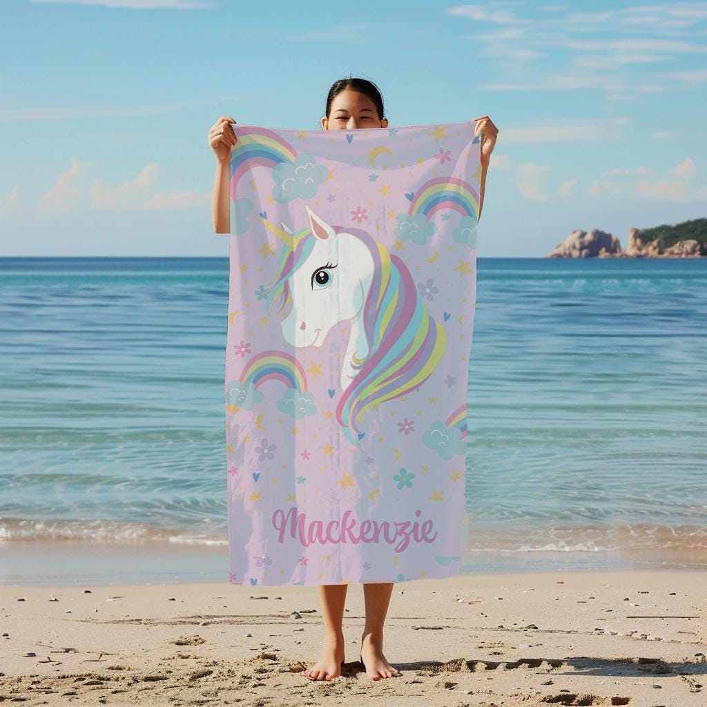 Personalized Kids Rainbow Unicorn Beach Towel, Unicorn Girl Gifts, Customized Beach Towels, Kids Gifts, Vacation Gifts, Summer Camp Gifts