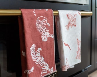 Microfiber Kitchen Towels 2-Pack | Soft and Compact Dish Towels | Super Absorbent Yet Quick-Drying Waffle Weave | Koi and Tigers