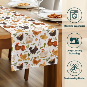 May include: A white table runner with a repeating pattern of colorful chickens, roosters, and chicks, interspersed with green foliage and musical notes. The runner is displayed on a wooden table, with plates and food visible in the background.