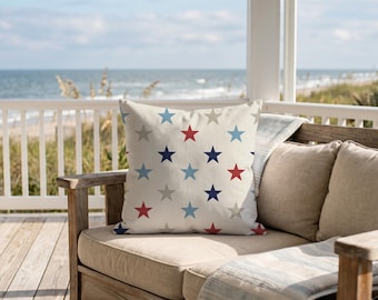 Star Pattern Pillow Cover and Insert, Patriotic Stars Lumbar Throw Pillow, Red White Blue 4th of July Coastal Porch Outdoor Decor Gift