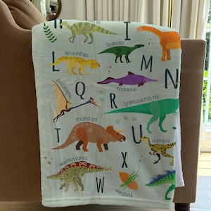 May include: A white blanket with a colorful alphabet featuring dinosaurs. Each letter of the alphabet is paired with a different dinosaur, with the dinosaur's name printed below it. The dinosaurs are illustrated in a cartoon style.