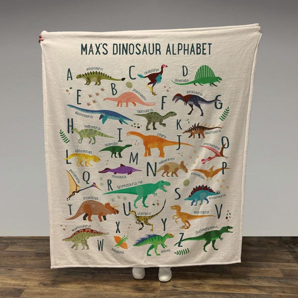 Manta personalizada con el alfabeto de dinosaurios, manta de regalo para niño, manta de regalo para bebé, manta para niños, regalo personalizado, regalo para bebés y niños pequeños