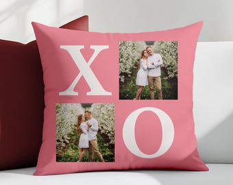 May include: Pink throw pillow with a white "XO" design and two photos of a couple in a garden setting.