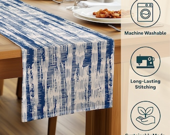 Blue Batik Stripe Table Runner 16x72 Cotton, Indigo Shibori Dining Table Decor, Coastal Boho Kitchen Runner, Blue White Home Decor Gift