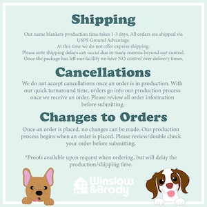 Puede incluir: Un gr&aacute;fico con texto que dice "Shipping", "Cancellations" y "Changes to Orders". El texto est&aacute; en azul turquesa. El gr&aacute;fico tambi&eacute;n incluye dos perros de dibujos animados, un Bulldog Franc&eacute;s y un Spaniel. El texto debajo de los perros dice "Winslow & Brody".