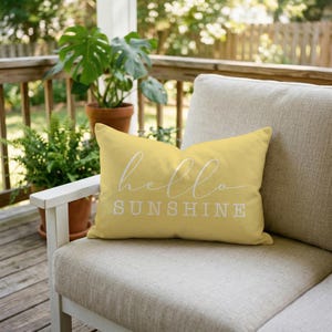 Hello Sunshine Throw Pillow, Indoor Outdoor Summer Pillow, Cover and Insert, Farmhouse Porch Patio Decor, Housewarming Gift, Multiple Colors