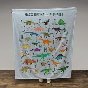 May include: A light blue blanket with a dinosaur alphabet printed on it. Each letter of the alphabet is paired with a different dinosaur, with the dinosaur's name printed below it. The blanket has the words "Max's Dinosaur Alphabet" printed at the top.