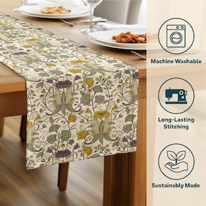 May include: A floral patterned table runner with a cream background and a repeating design of green, yellow, and purple flowers and leaves. The runner is draped over a wooden table, with plates and silverware visible.