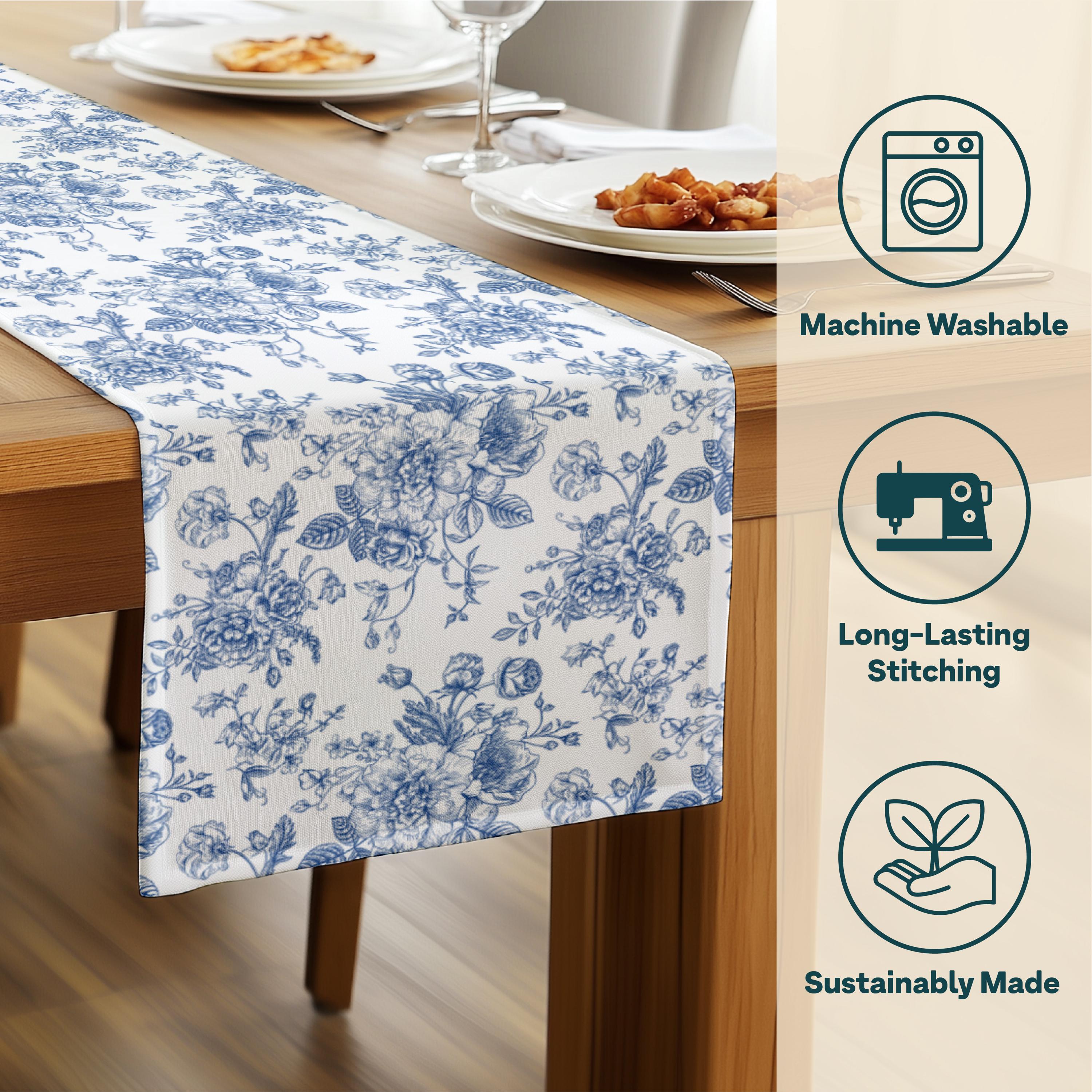 Blue Floral Table Runner 16x72 Cotton, Toile Botanical Dining Decor ...