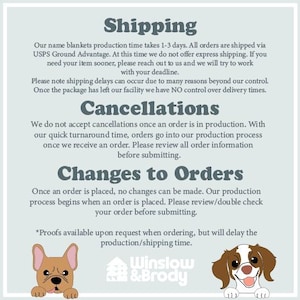 May include: A graphic with text that reads "Shipping", "Cancellations", and "Changes to Orders". The text explains the shop's shipping, cancellation, and order change policies. The graphic also features a logo with the text "Winslow & Brody" and two cartoon dogs.