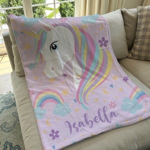 Personalized Kids Rainbow Unicorn Blanket, Unicorn Girl Gifts, Customized Throw Blankets, Fleece/ Sherpa, Toddler Gifts, Name Blanket