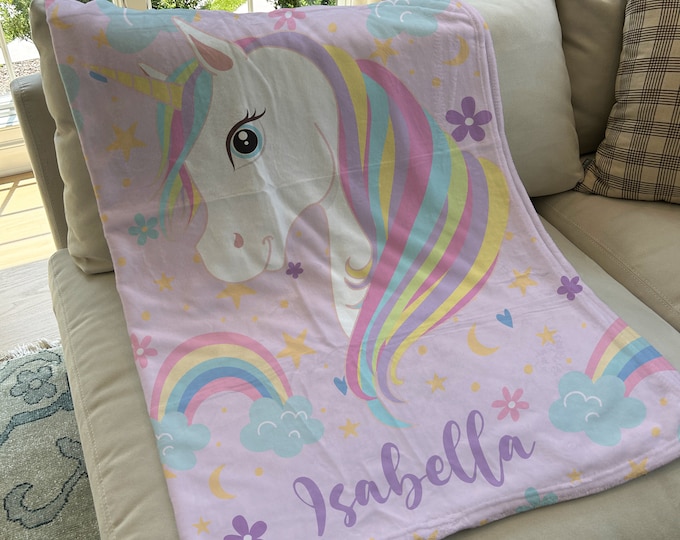Personalized Unicorn Blanket: Rainbow Name Blanket, Minky Fleece Throw