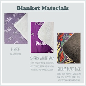 May include: Close-up of three different blanket materials: fleece, sherpa white back, and sherpa black back. The fleece is 100% polyester. The sherpa white back and sherpa black back are both 100% polyester micro plush on the front and 100% polyester sherpa on the back. Both sherpa options have a whipstitch and rounded corner.