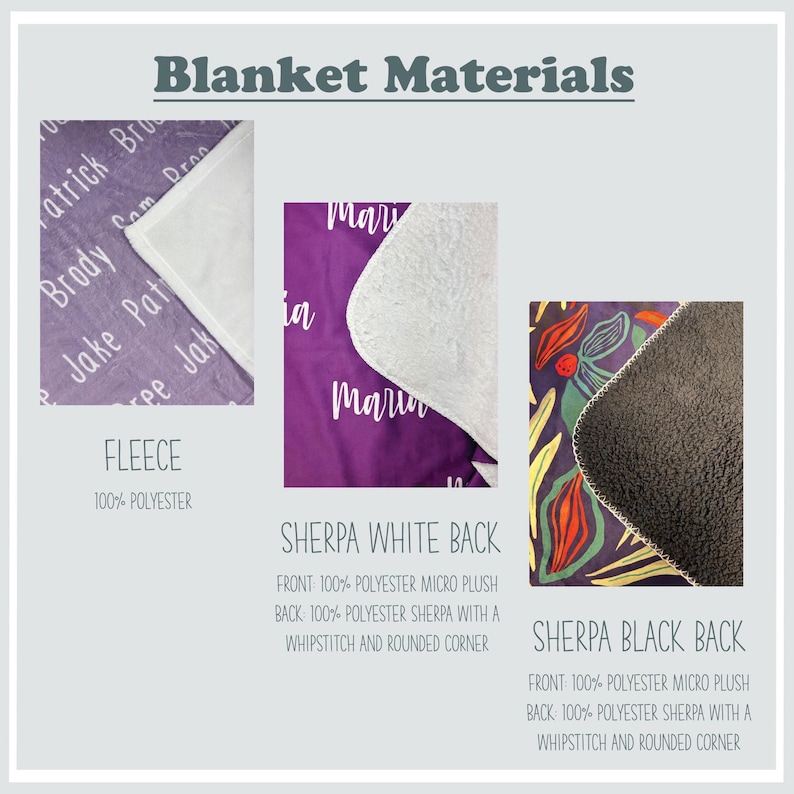 May include: Close-up of three different blanket materials: fleece, sherpa white back, and sherpa black back. The fleece is 100% polyester. The sherpa white back and sherpa black back are both 100% polyester micro plush on the front and 100% polyester sherpa on the back. Both sherpa options have a whipstitch and rounded corner.