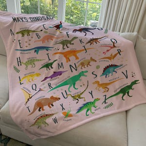 May include: A pink fleece blanket with a dinosaur alphabet design. Each letter of the alphabet is paired with a different dinosaur and its name. The blanket features a variety of dinosaurs, including a stegosaurus, a velociraptor, a triceratops, and a tyrannosaurus rex.