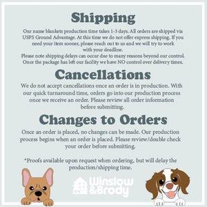 May include: A graphic with text that reads "Shipping", "Cancellations", and "Changes to Orders". The text explains the shop's shipping, cancellation, and order change policies. The graphic also features a logo with the text "Winslow & Brody" and two cartoon dogs.