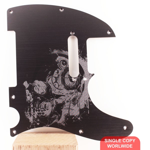 Telecaster Pickguard - Skull Meca- Monochrome Engraving - Black Anodized aluminum - Fender size - With screws - Single copy