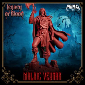 Op de afbeelding: Een rode beeldje van Malric Veynar, een krijgersfiguur, die een bijl vasthoudt. De figuur staat op een rotsachtige basis, met de woorden "Legacy of Blood" en "Primal Collectibles". De achtergrond toont een spookachtig kasteel en een volle maan.
