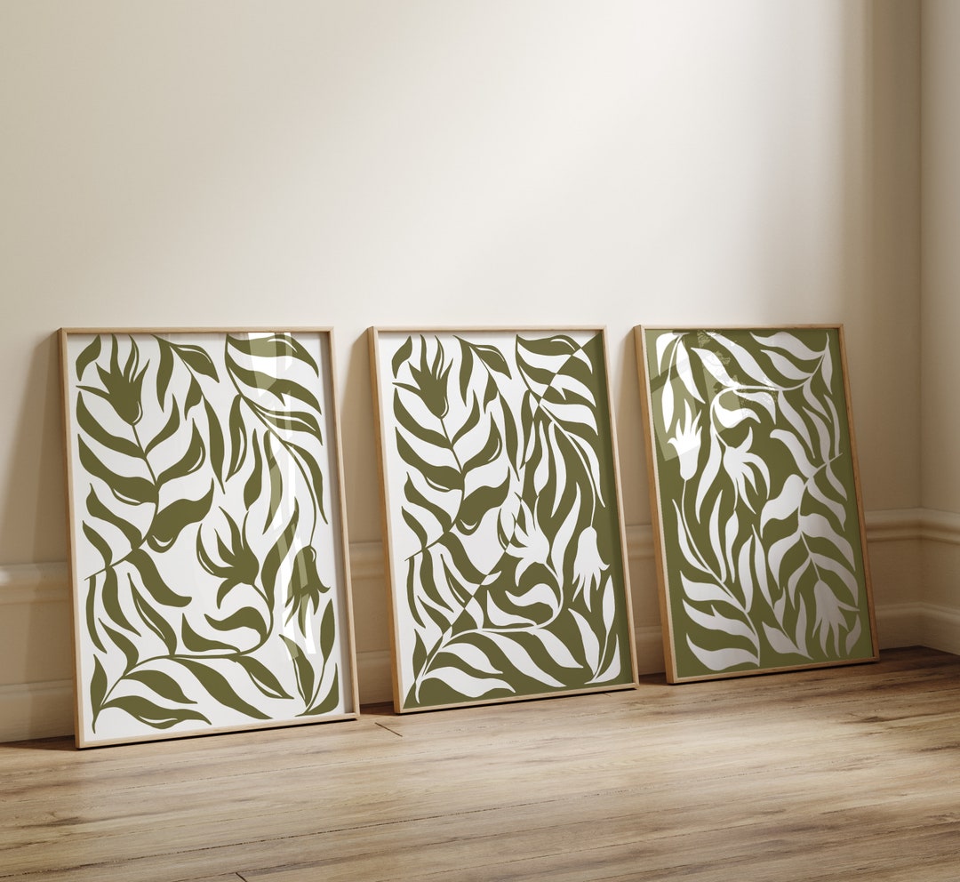 Olive Green Botanical Wall Art, Olive Green Gallery Wall Set, Set of 3 ...