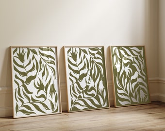 Olive Green Botanical Wall Art, Olive Green Gallery Wall Set, Set of 3 Prints, Boho Prints, Abstract Flowers Prints, DIGITAL DOWNLOAD
