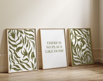 There is no place like home Olive Green Wall Art, Olive Gallery Wall Set, Set of 3 Prints, Boho Prints, Flowers Prints, DIGITAL DOWNLOAD