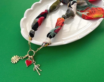 Scarf Necklace With Charms: 18K Gold Plated Heart Bow Floral Pendents, Vintage Silk Fabric