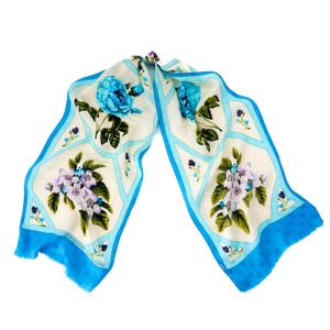 Vintage Scarf Adrienne Vittadini Brand Blue Flower Print Scarf 1990 Vintage Style Fashion Scarf Long Rectangle Neck Scarf for Hair Tie