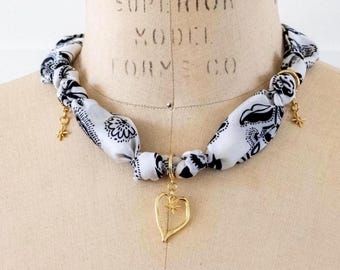 Scarf Charm Necklace: 18K Gold Plated  Heart Pendents, Floral Print Vintage Fabric | Ellemichelle