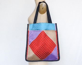 Upcycled Scarf Tote bag: Geometric Print Quilted Design Fabric Market bag | Ellemichelle