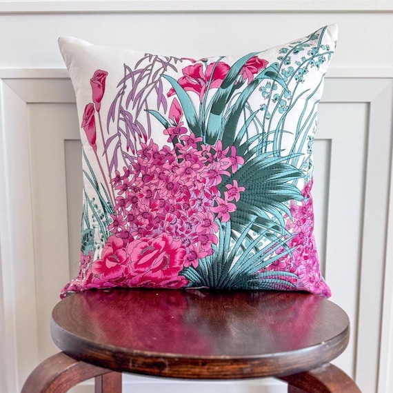 Pink Floral Throw Pillow 16": Upcycled Vintage Scarf Accent Cushion