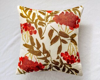 Cherry Floral Throw Pillow: 14" Upcycled Vintage Scarf Floral Accent Cushion