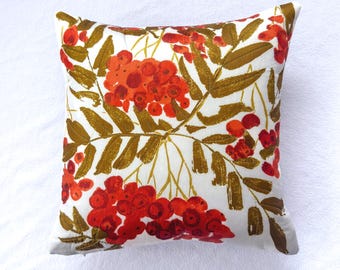 Cherry Floral Throw Pillow: 14" Upcycled Vintage Scarf Quilted Accent Cushion
