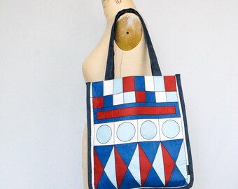 Tote Bag Upcycled Vintage Scarf : Geometric Pattern Denim Handles Book Bag Shopper | Ellemichelle