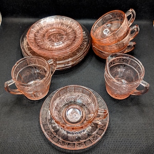 Vintage Jeannette Pink Depression Glass, Doric Pansy Pretty Polly Tea Set