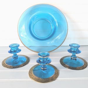 Electric Blue Fostoria Glass Rolled Edge Console Bowl and Candlestick Holders,Vintage Fostoria Glass,Console Bowl,Candle Holders