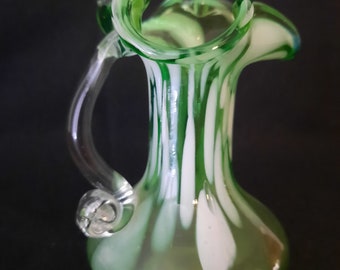 Fenton Hand Blown Green and White Small Pitcher