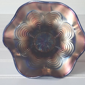 Fenton Peacock Tail Purple Iridescent Carnival Glass Ruffle Bowl,Vintage Fenton